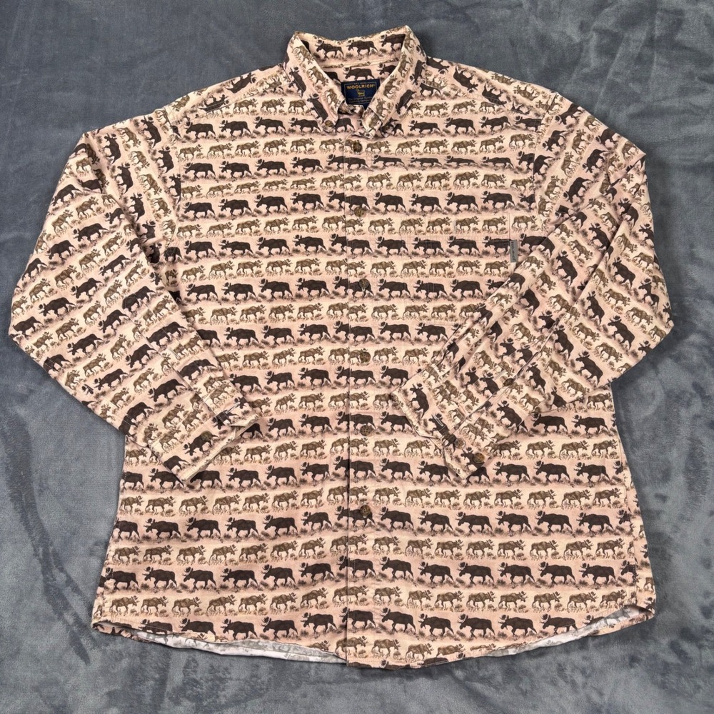 Woolrich Mens Moose Bison Print Button Down Shirt Tan Brown Cotton Large 6047